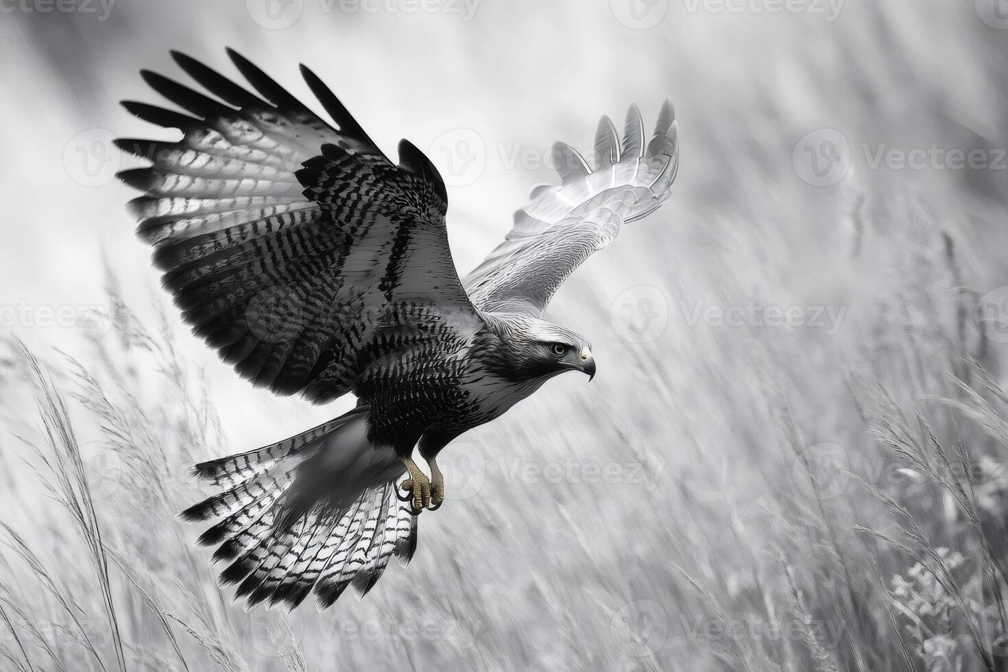 Red-tailed hawk gliding over tall grass in black and white photo