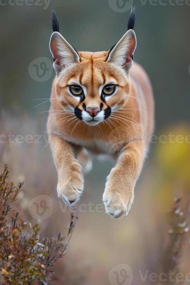 Caracal jumping and showing its paws and claws in the air photo