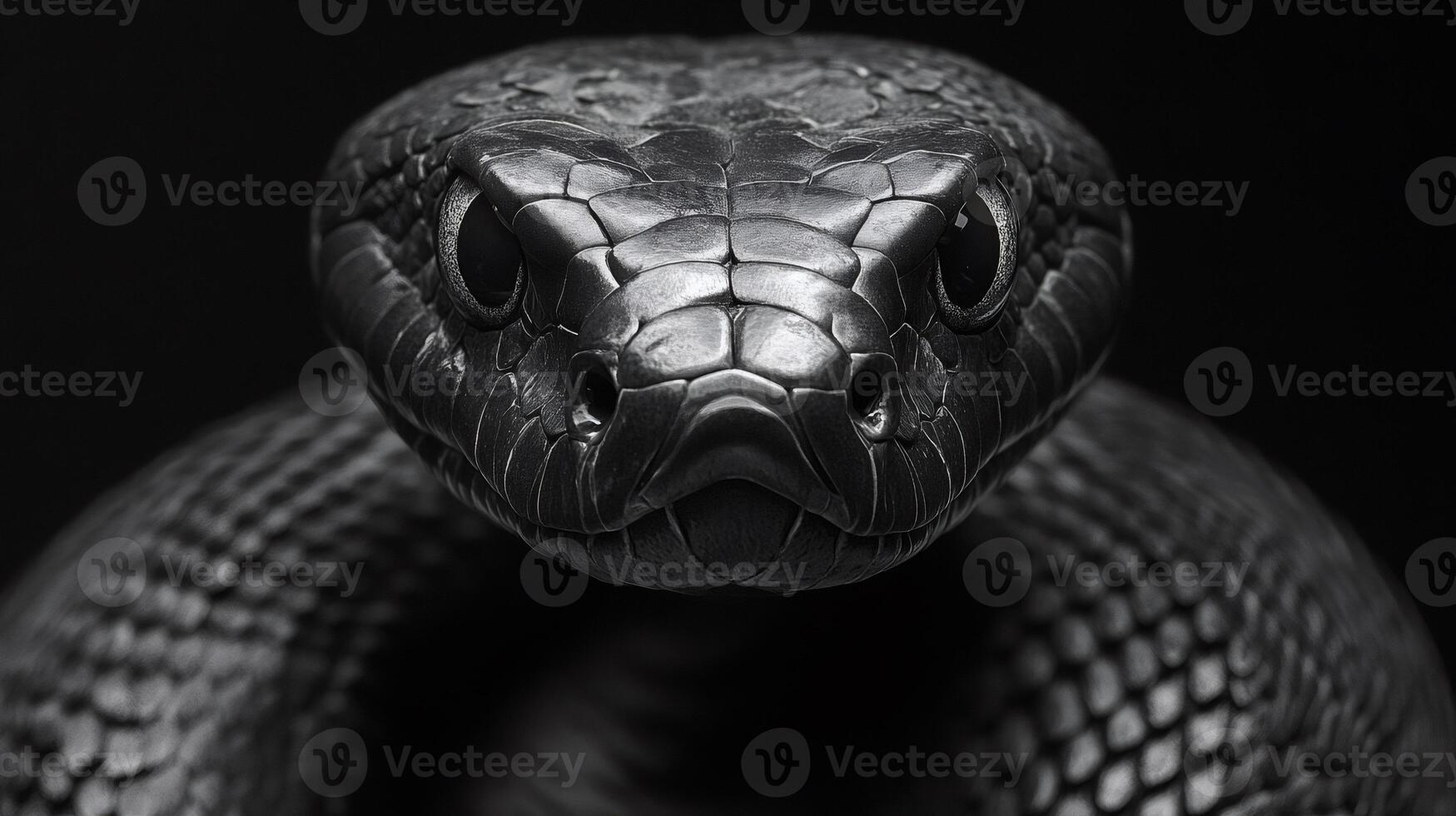 Black snake staring on dark background close-up showing scales photo