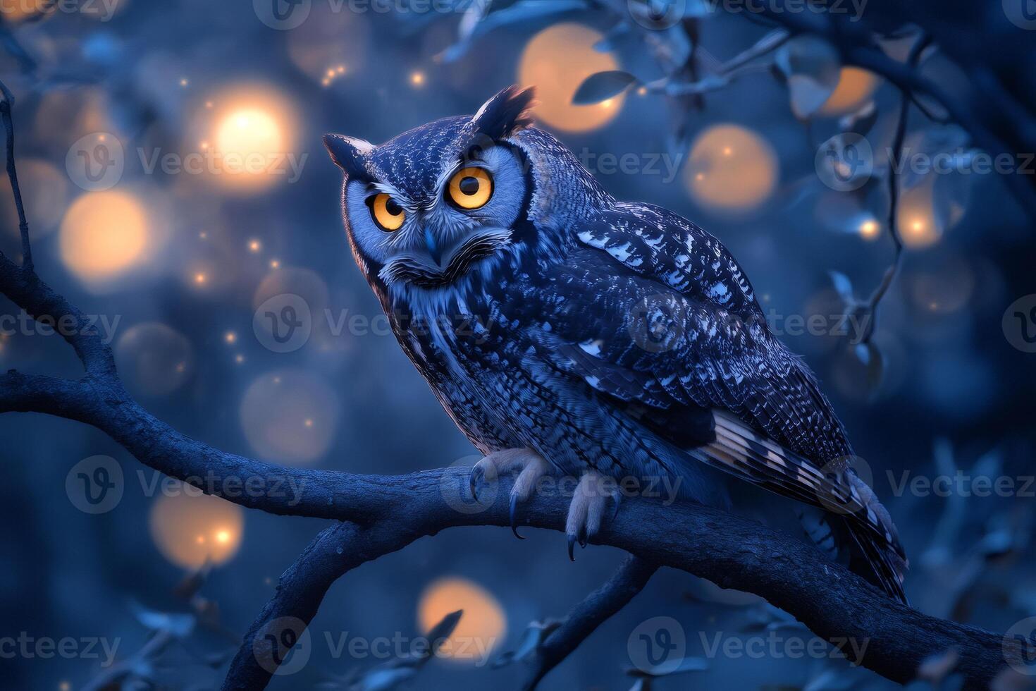 Majestic owl perched on a branch at night, illuminated by warm lights photo