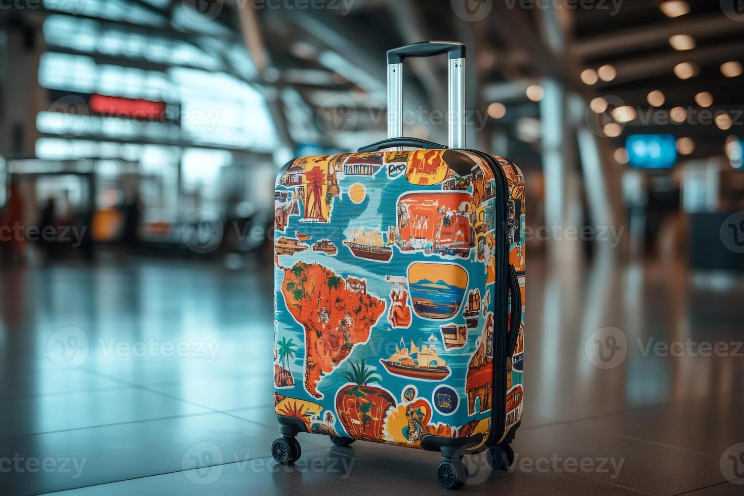 Colorful suitcase standing in airport terminal symbolizing travel and adventure photo