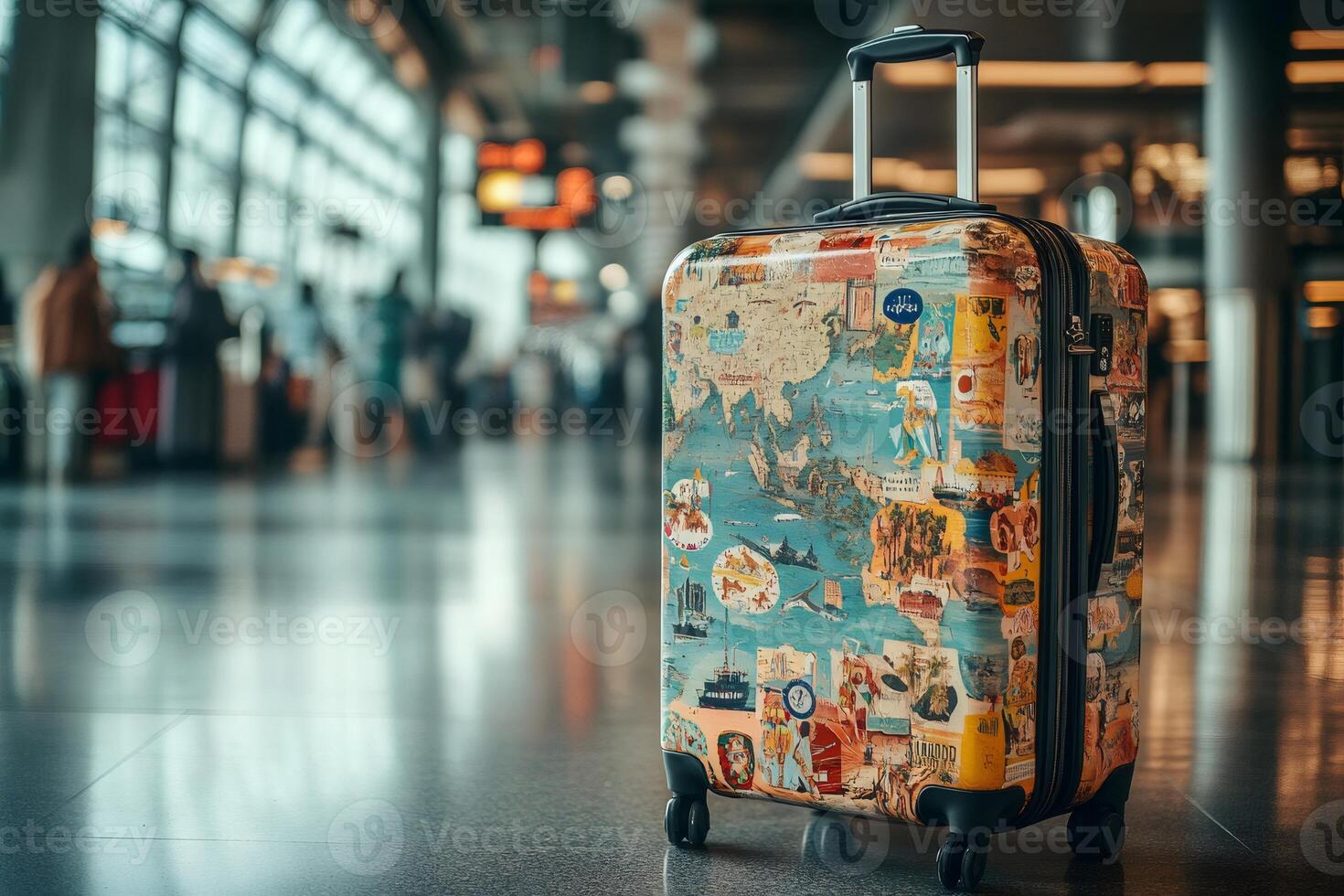 Suitcase standing in airport terminal ready for international travel photo