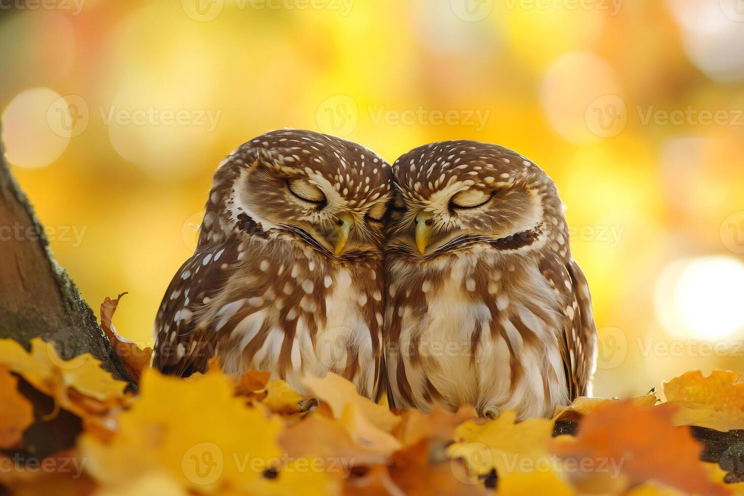 Two little owls sleeping together on autumn leaves photo