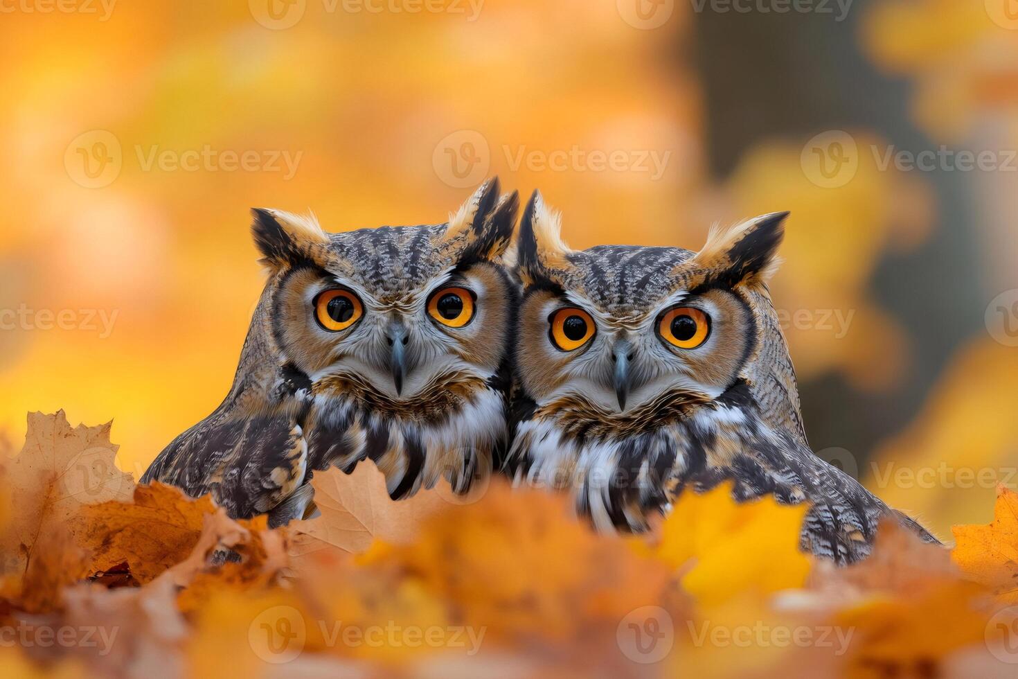 Two great horned owls hiding in autumn leaves photo