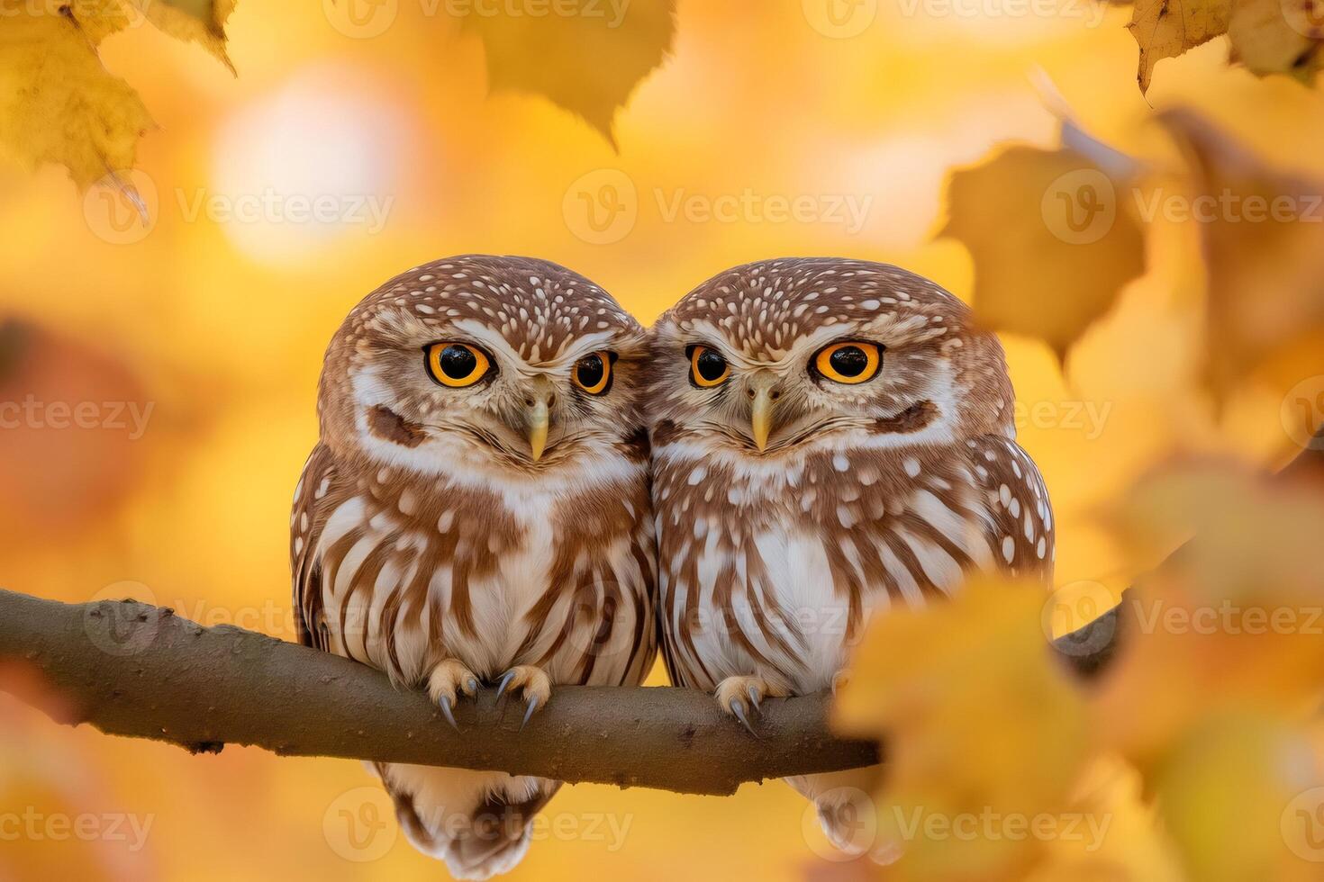Two little owls perched on a branch in autumn foliage photo