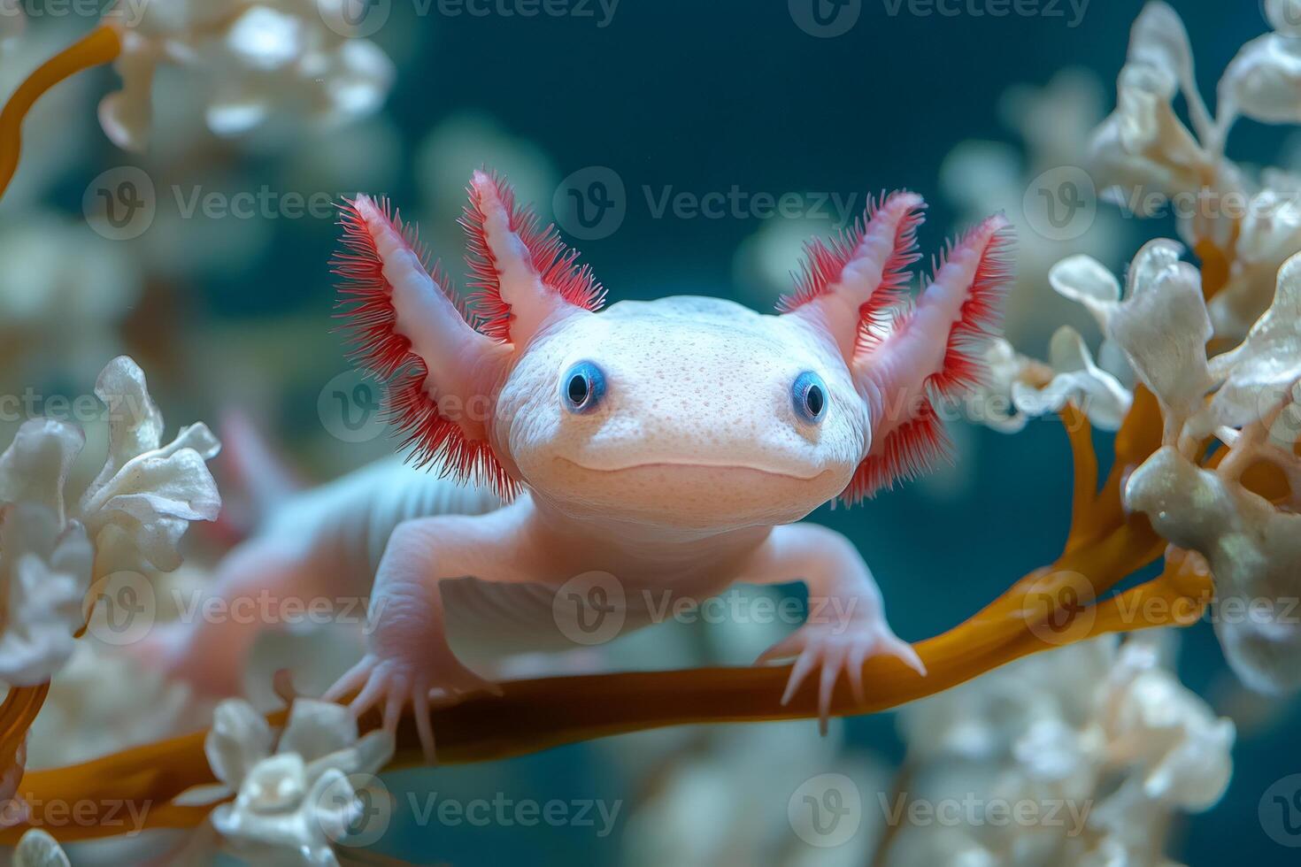 Axolotl is posing underwater near white flowers with red gills photo
