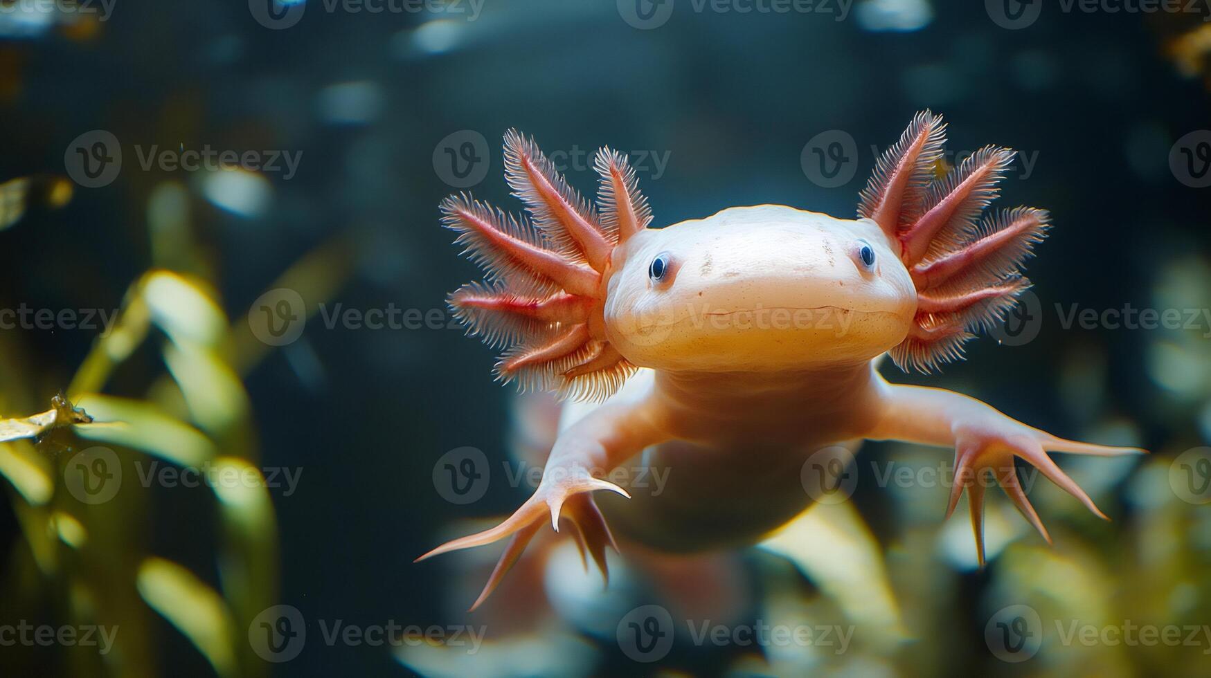 Axolotl swimming underwater, showing feathery gills and detailed claws photo