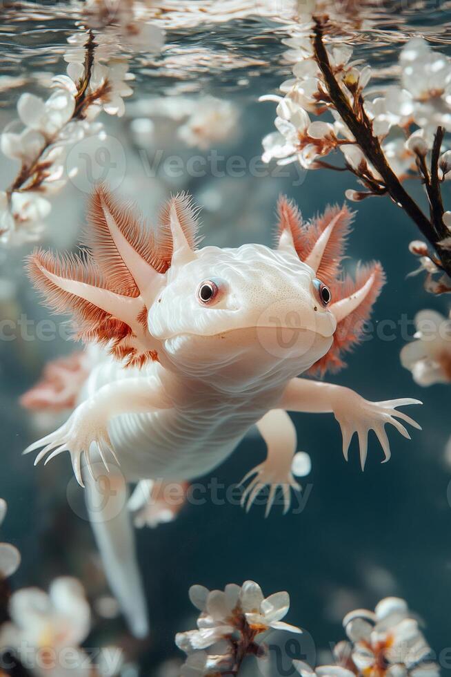 White axolotl swimming underwater near cherry blossom branches photo