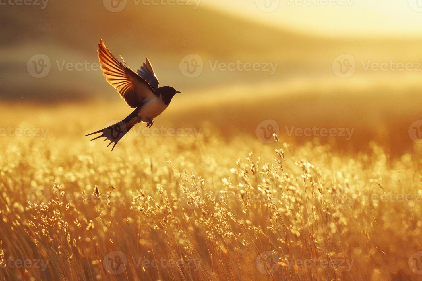 Barn swallow flying over a golden field at sunset photo