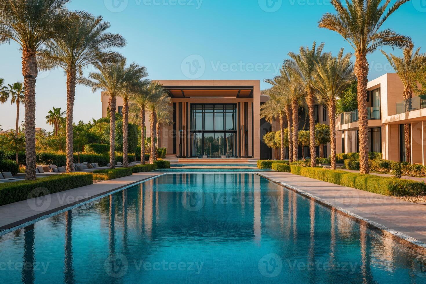 Luxurious resort reflecting in tranquil blue swimming pool surrounded by palm trees photo