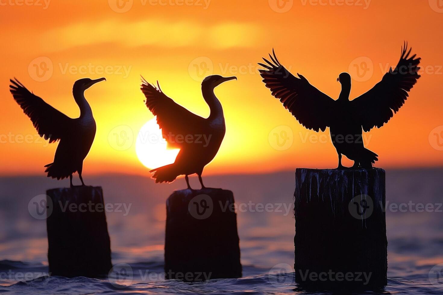 Three cormorants spreading wings at sunset on poles in the ocean photo