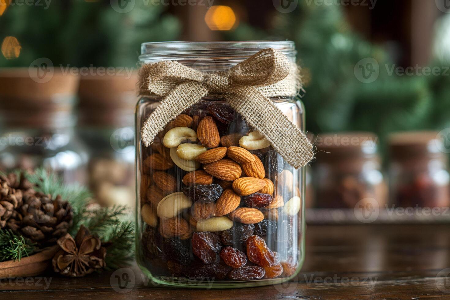 Glass jar filled with nuts and dried fruits decorated with burlap ribbon for christmas photo