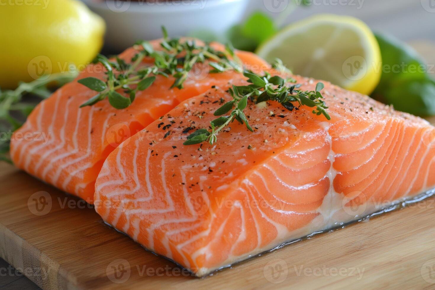 Fresh salmon fillets seasoned with thyme and peppercorns on cutting board photo