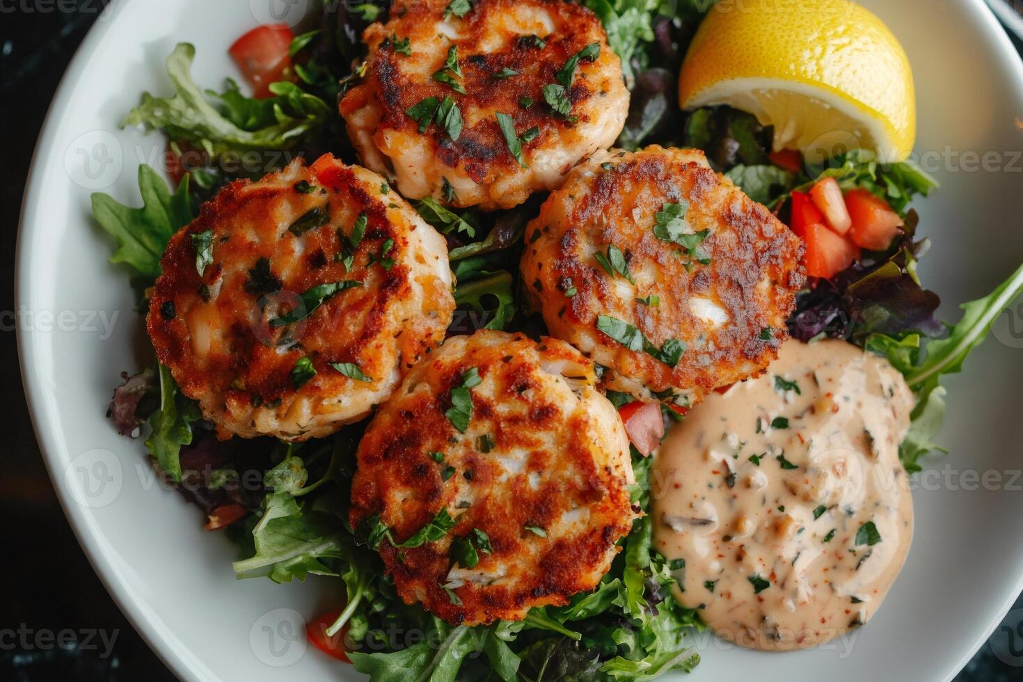 Delicious crispy crab cakes served on fresh salad with lemon and sauce photo