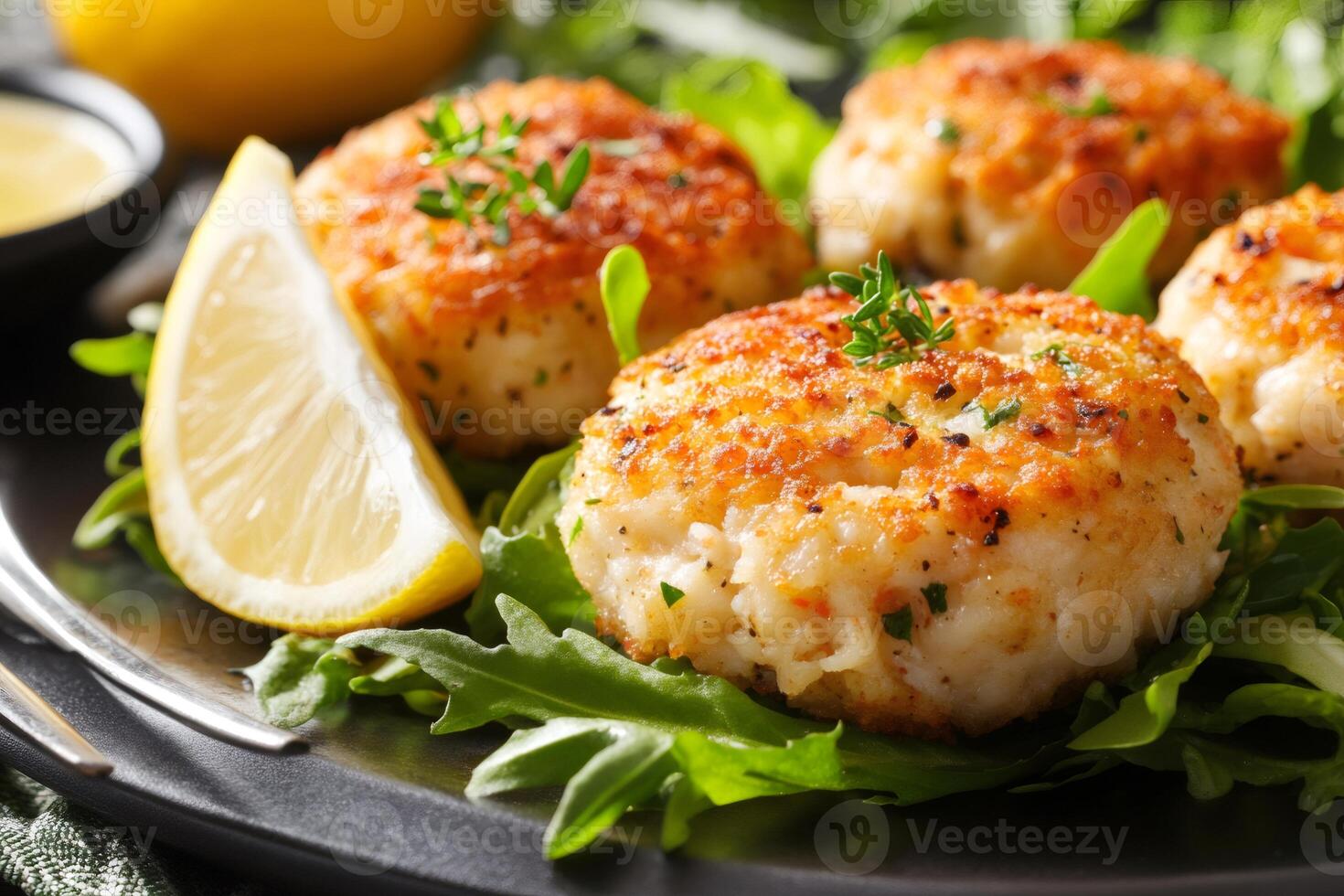 Delicious crab cakes served on arugula with lemon and thyme photo