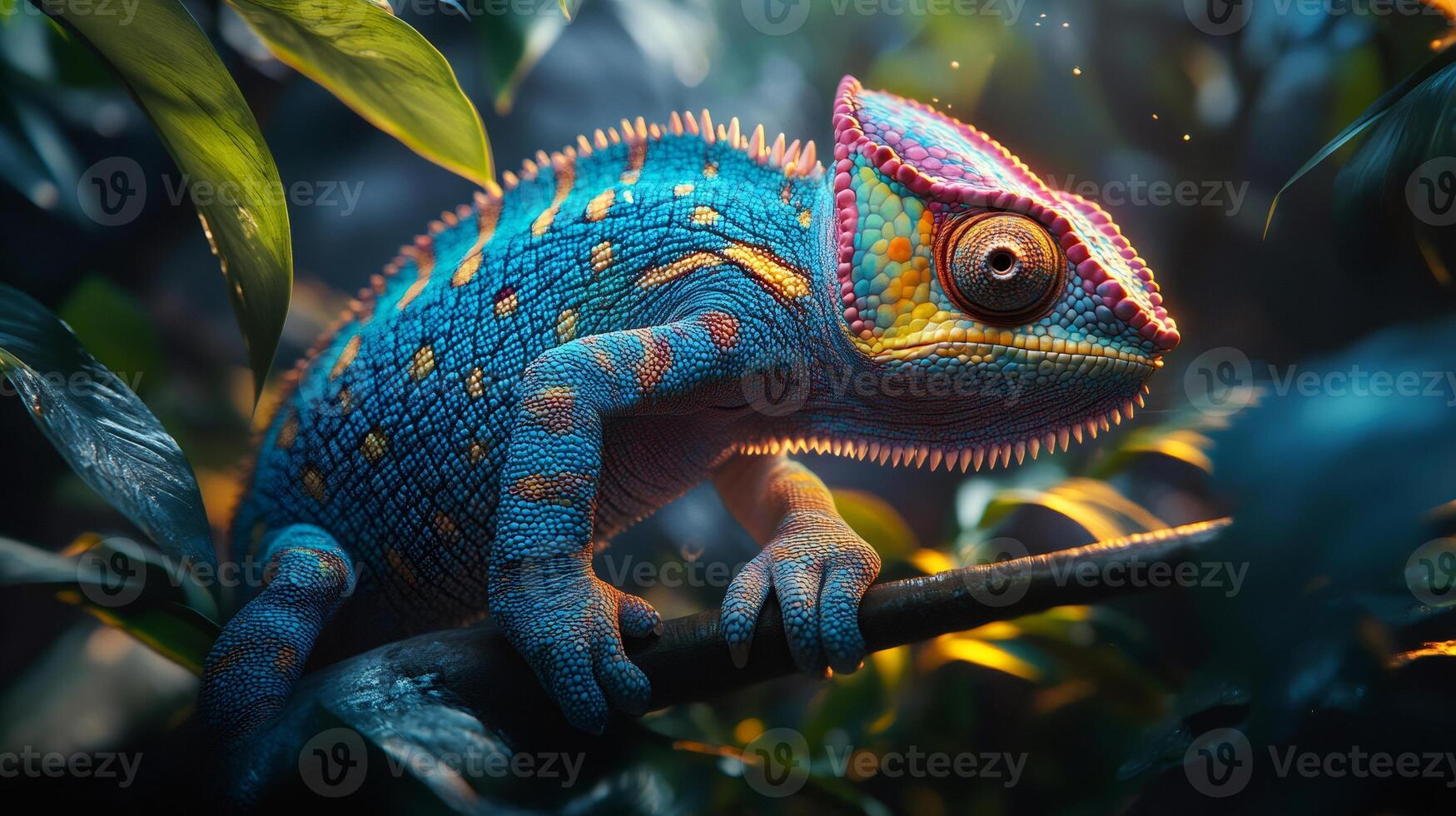 Colorful chameleon resting on a branch in lush tropical forest photo