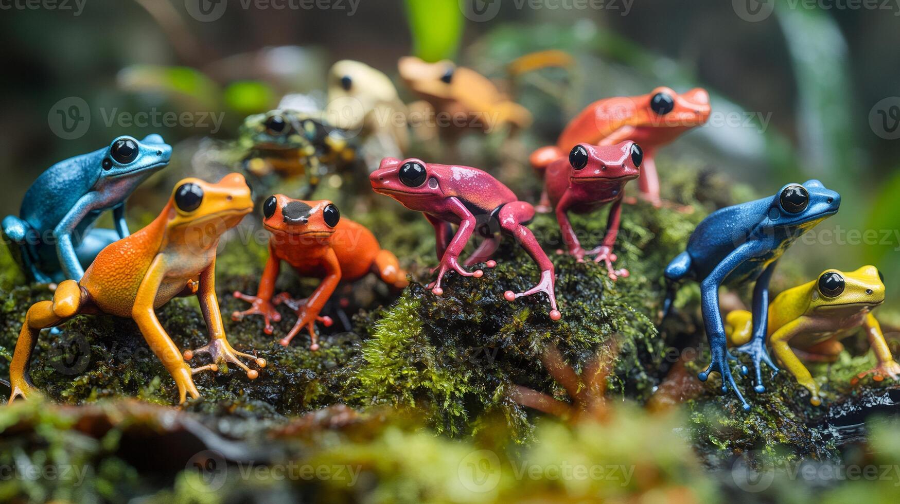 Colorful poison dart frogs standing on mossy surface photo