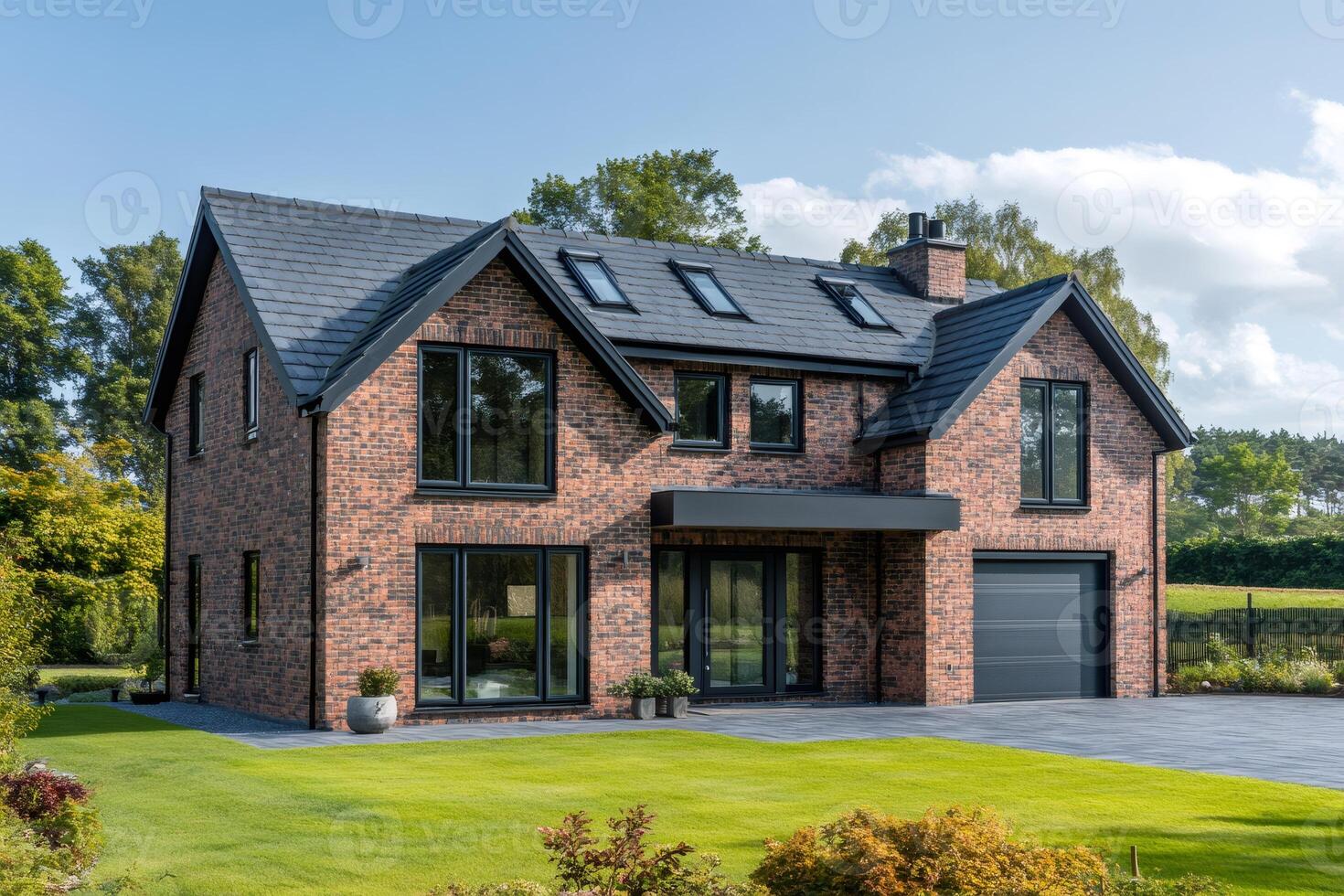 Modern brick house with slate roof and skylights stands in green field photo