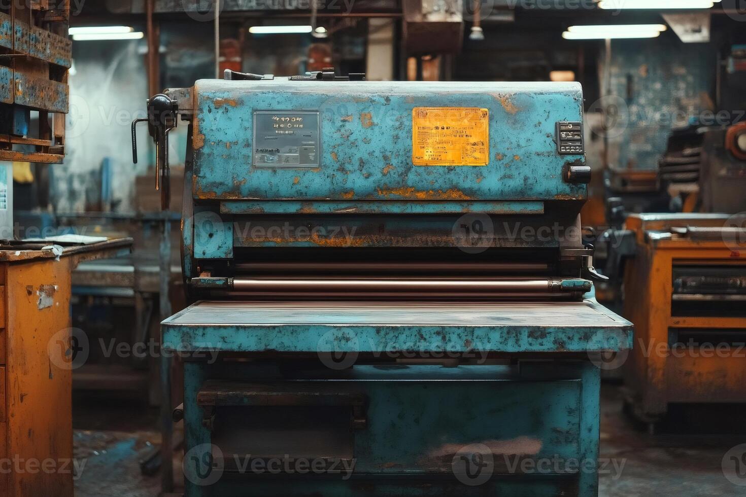 Old rusty industrial machinery standing in abandoned factory photo