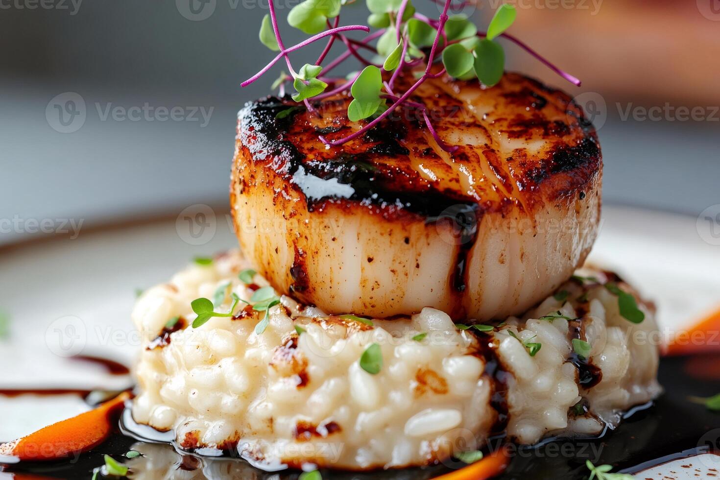 Seared scallops resting on creamy risotto with balsamic glaze photo