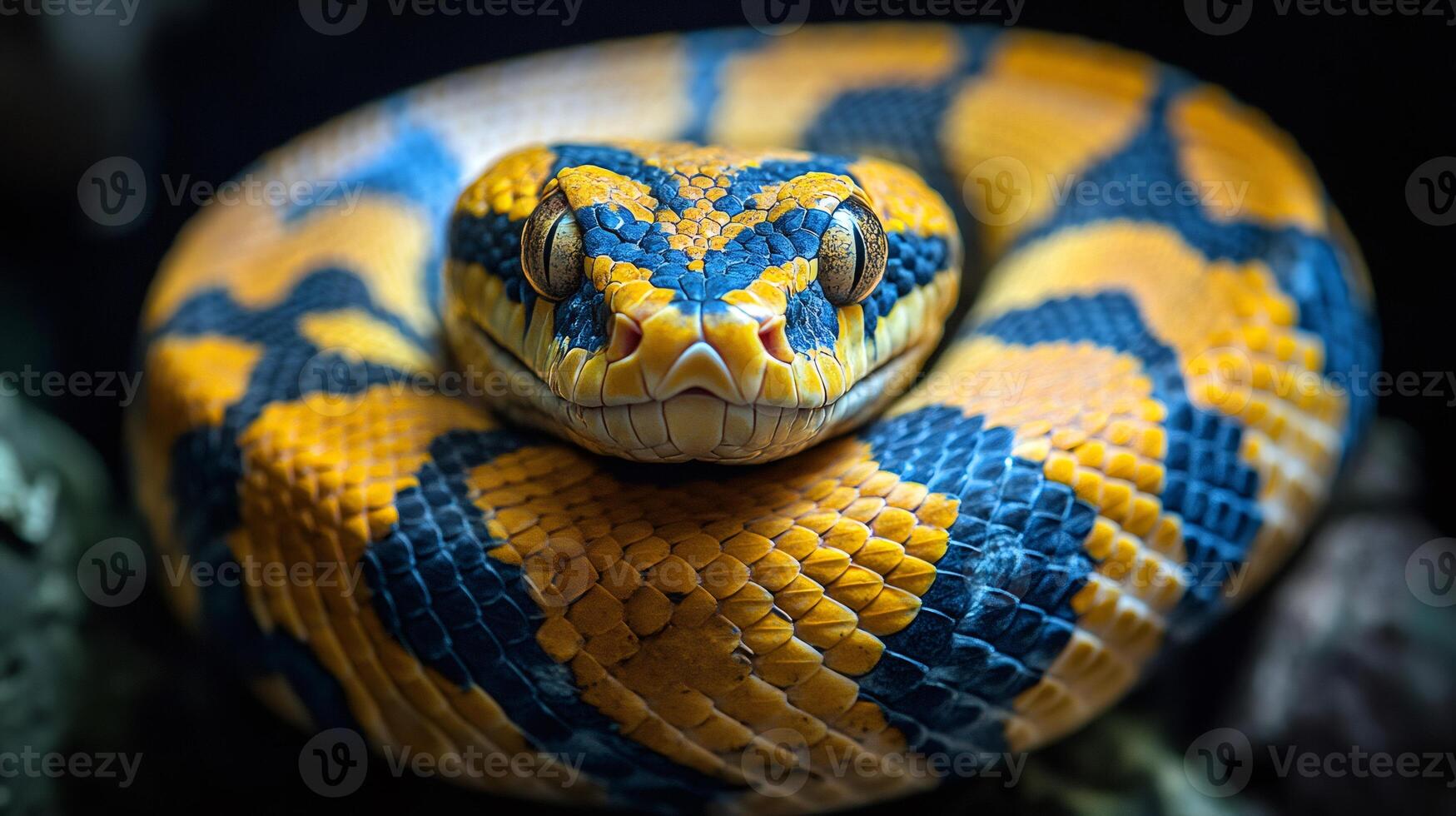 Coiled snake showing its colorful scales and staring at viewer photo