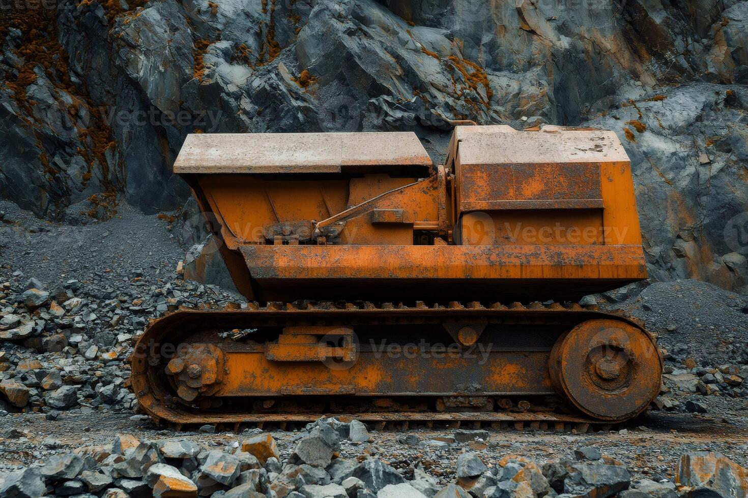 Old rusty crawler transporter working in open pit mine photo