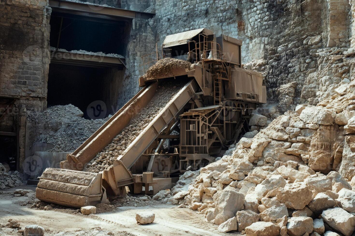 Stone crusher processing rocks in open pit mine photo