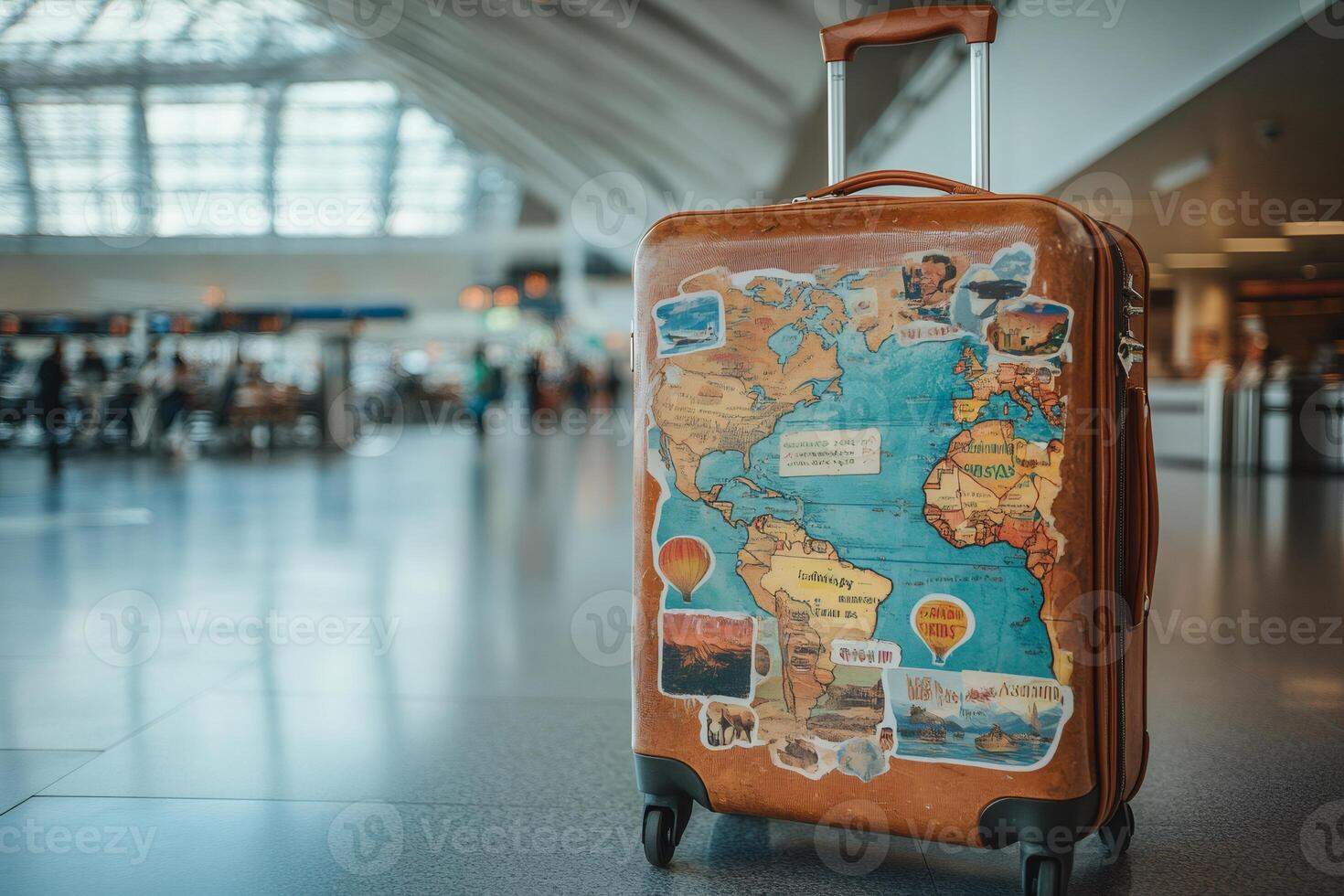 Brown suitcase showing world map stands in airport terminal photo