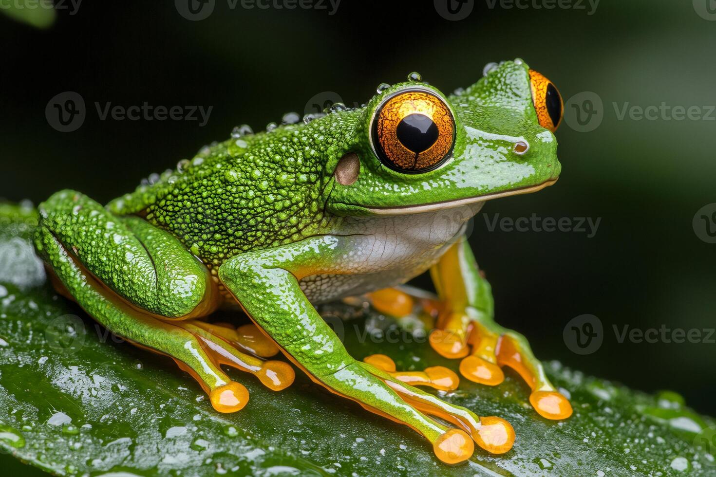 Lemur leaf frog perching on wet leaf in rainforest photo
