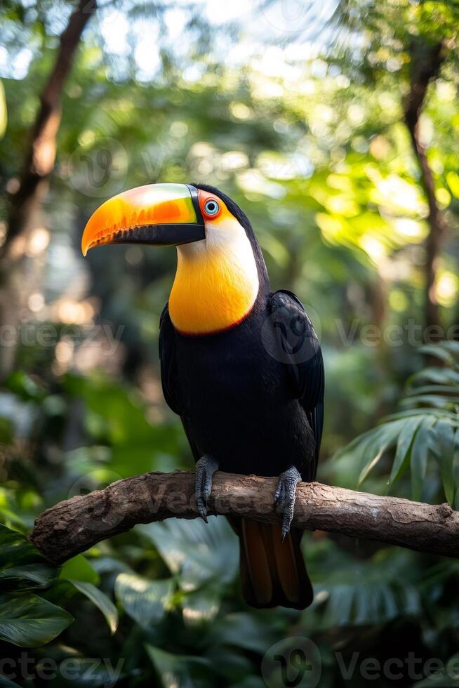 Channel-billed toucan perching on branch in lush tropical forest photo