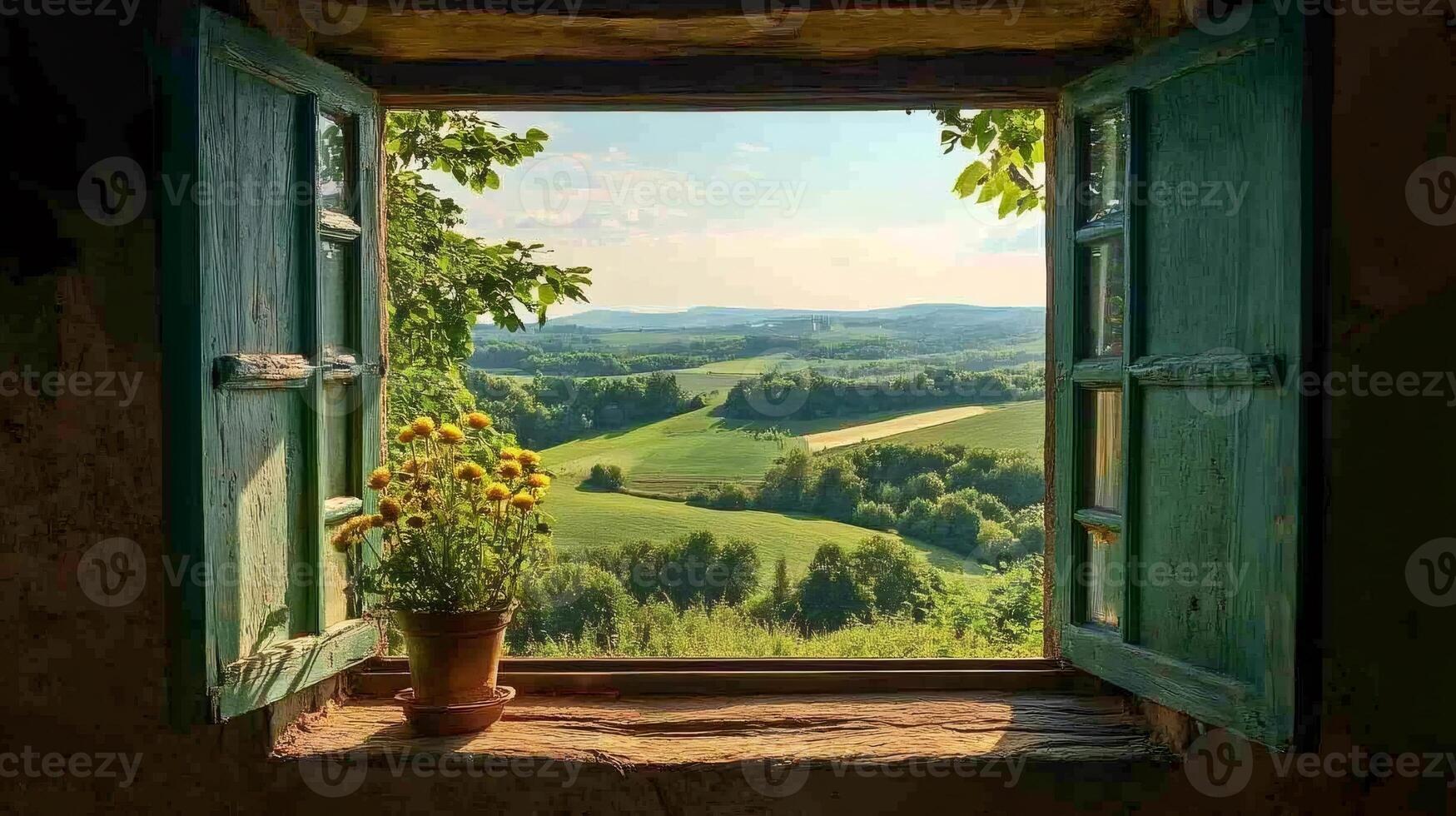 Open window overlooking rolling green hills with potted flowers photo