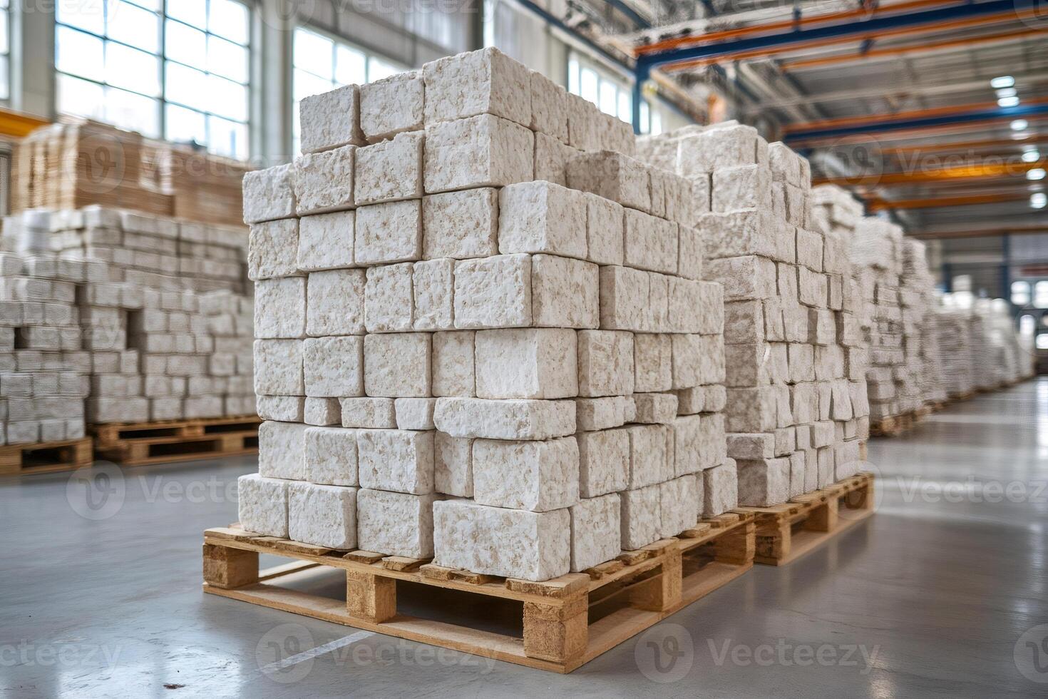 White concrete brick stacked on wooden pallets in warehouse photo