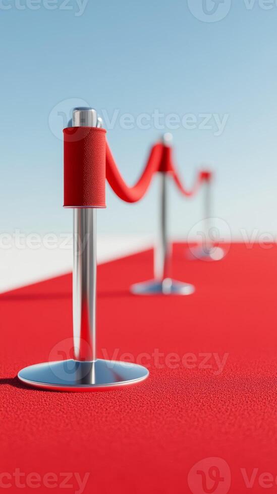 Red carpet and stanchions set up for a glamorous event with bright blue sky background photo