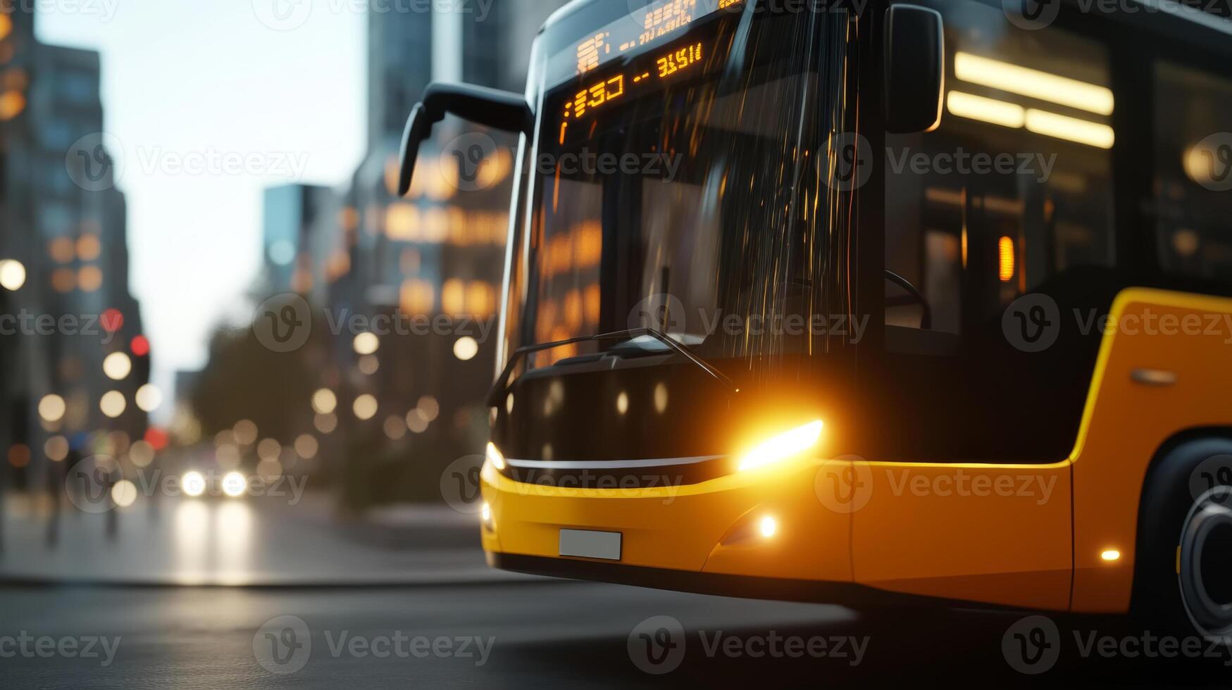 Brightly lit city bus on urban street during dawn showcasing modern transportation design photo