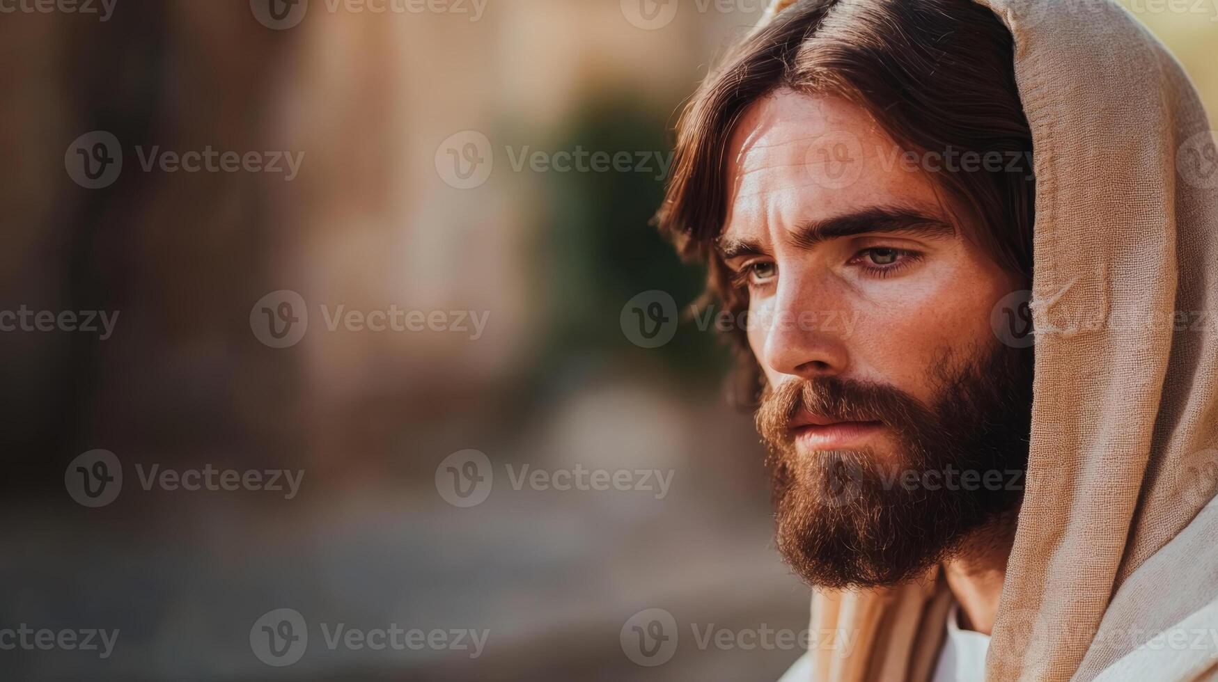 Man wearing a hooded garment with a contemplative expression outdoors in a historical setting at sunset photo
