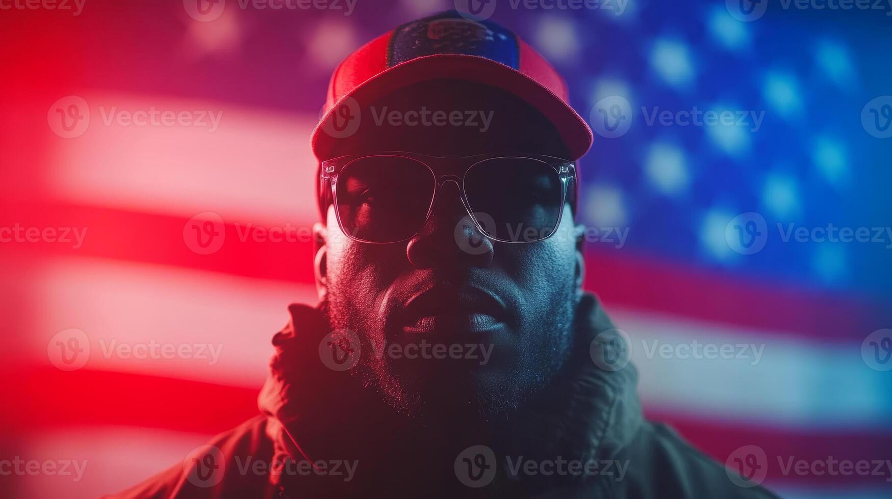 Powerful portrait of an individual in front of an American flag with dramatic lighting effects at night photo