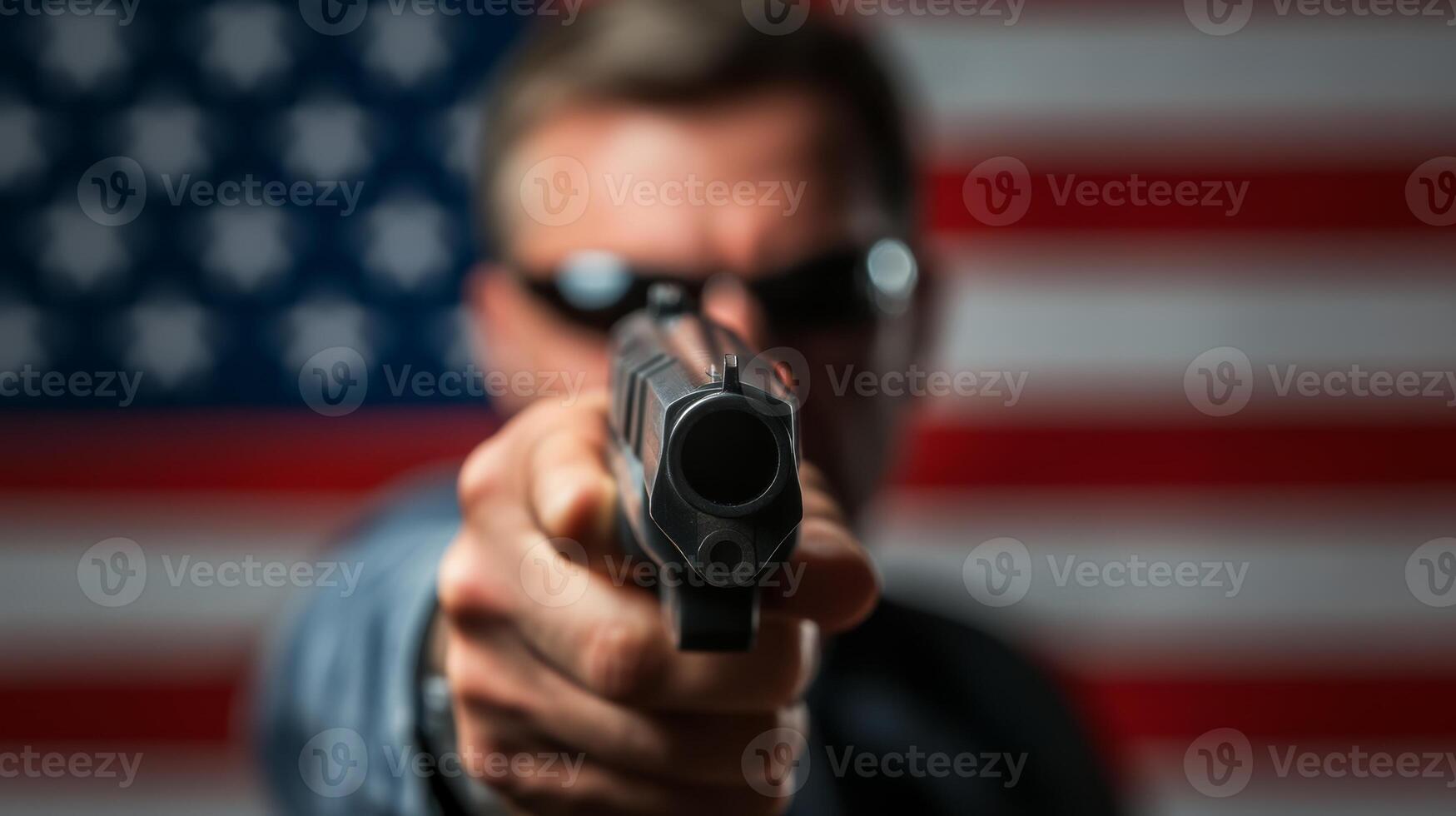 Person aiming a handgun towards the viewer with an American flag backdrop during a dramatic scene in a dimly lit environment photo