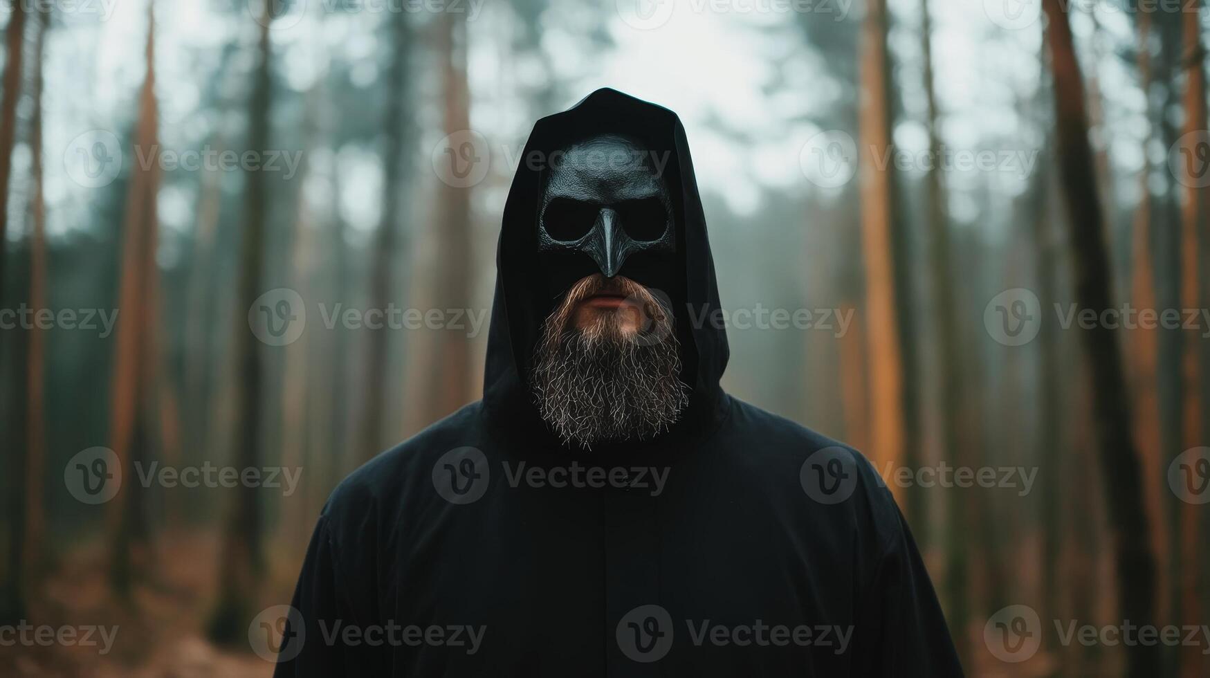 Mysterious figure in dark cloak with skull mask standing among tall trees in foggy forest photo