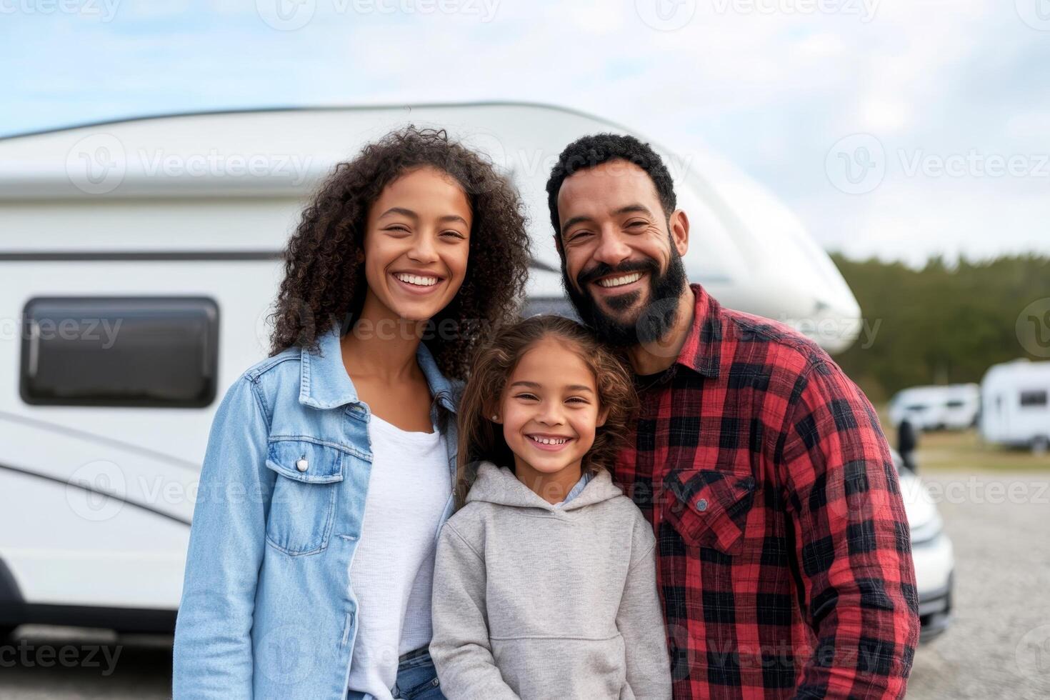 Happy family enjoying camping trip in an RV at a picturesque outdoor location with smiling faces photo