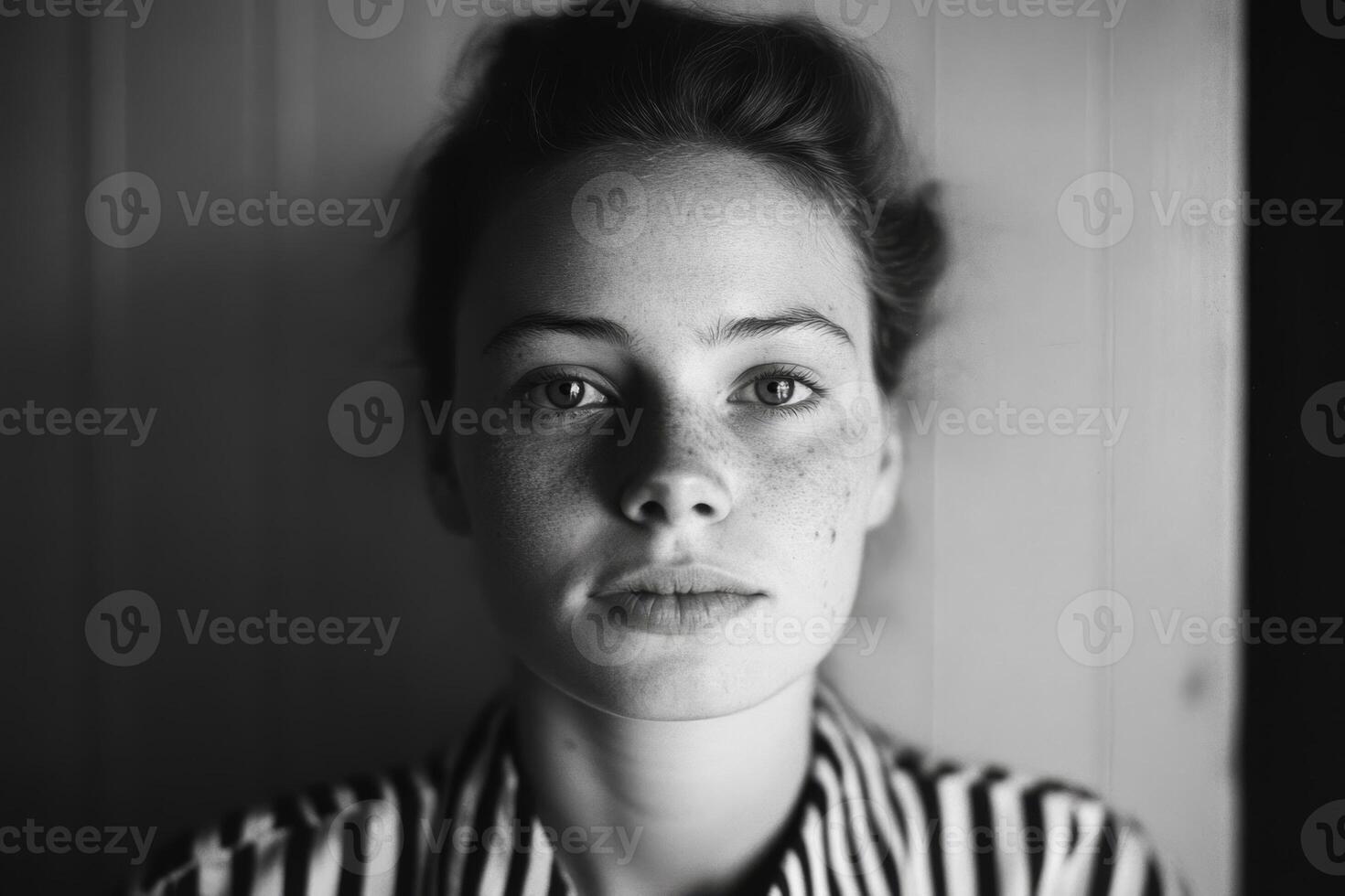 Woman with freckled face and serious expression poses against wooden background in monochrome setting photo