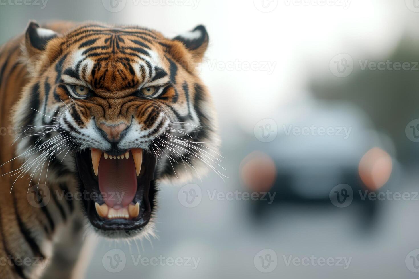 Fierce tiger growls in street as a vehicle approaches during early morning hours photo