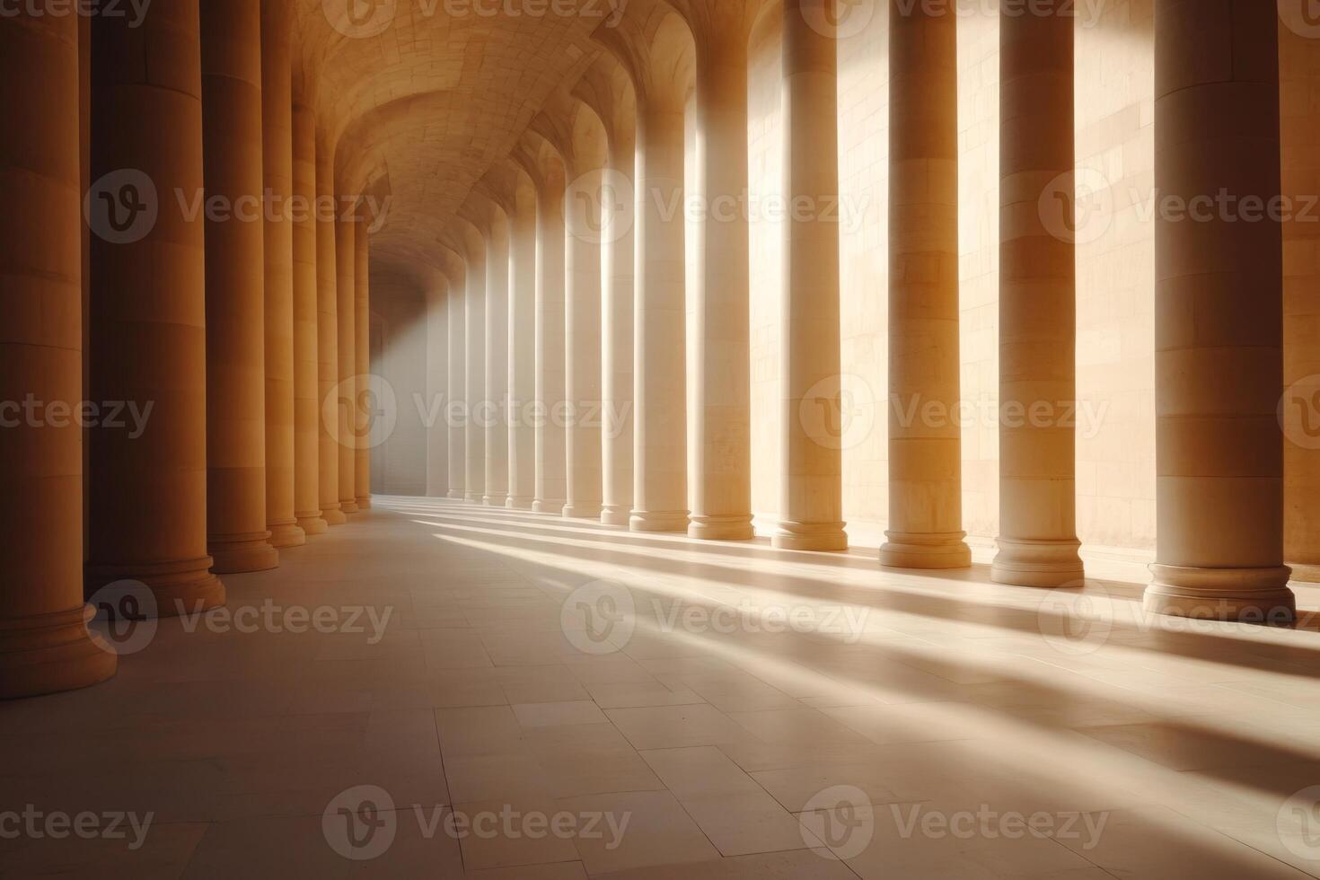 Beautiful sunlit corridor with columns casting long shadows in an ancient architectural setting photo