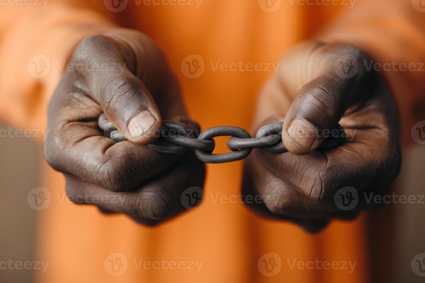 Hands holding a broken chain link in a symbolic gesture of freedom and resilience in a warm, muted setting photo