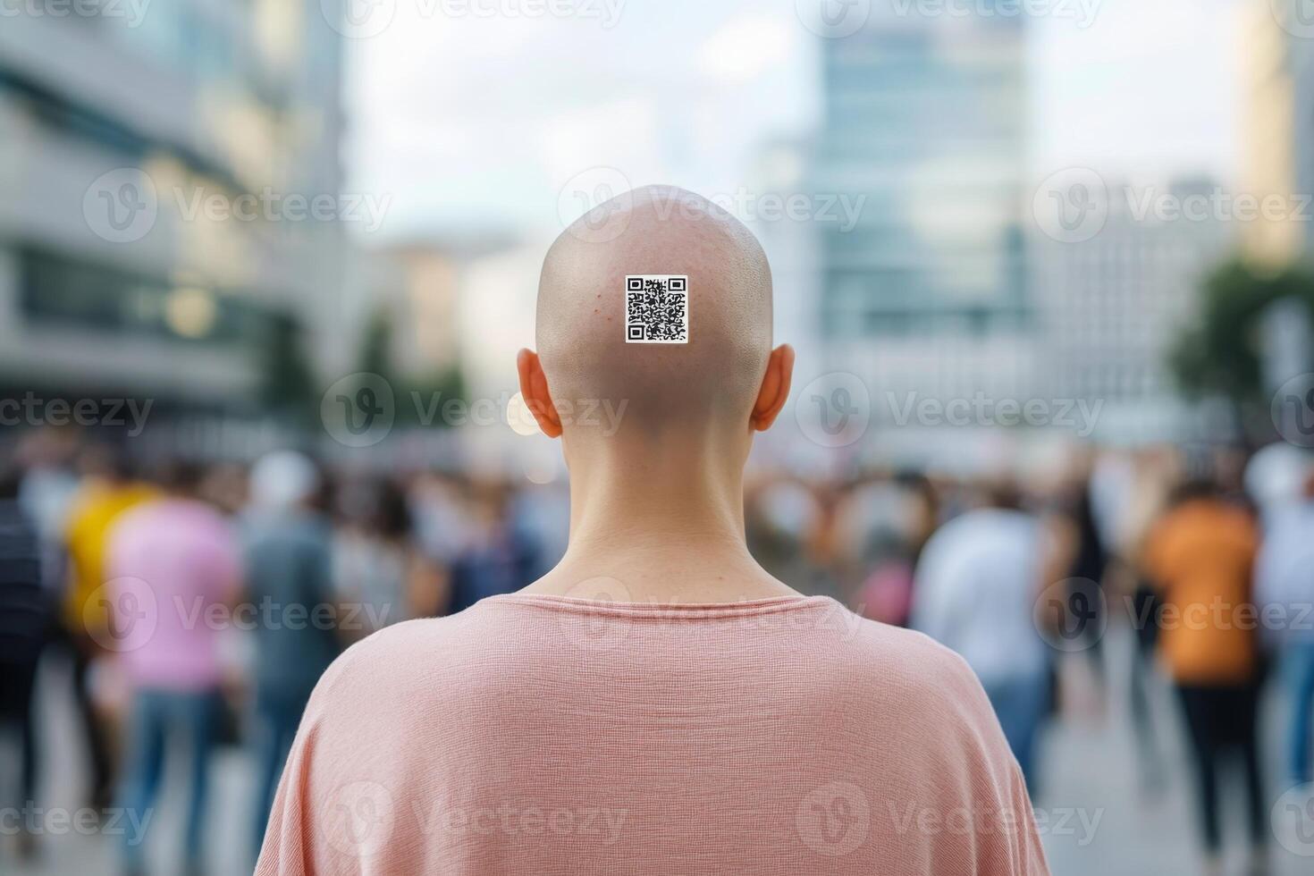 Unique QR code on a shaved head in the city assembly. Digital slavery, digital prison, social problem of the future concept photo