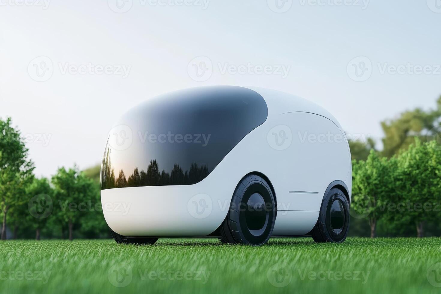 Futuristic autonomous delivery vehicle parked on a green lawn in a serene outdoor setting photo