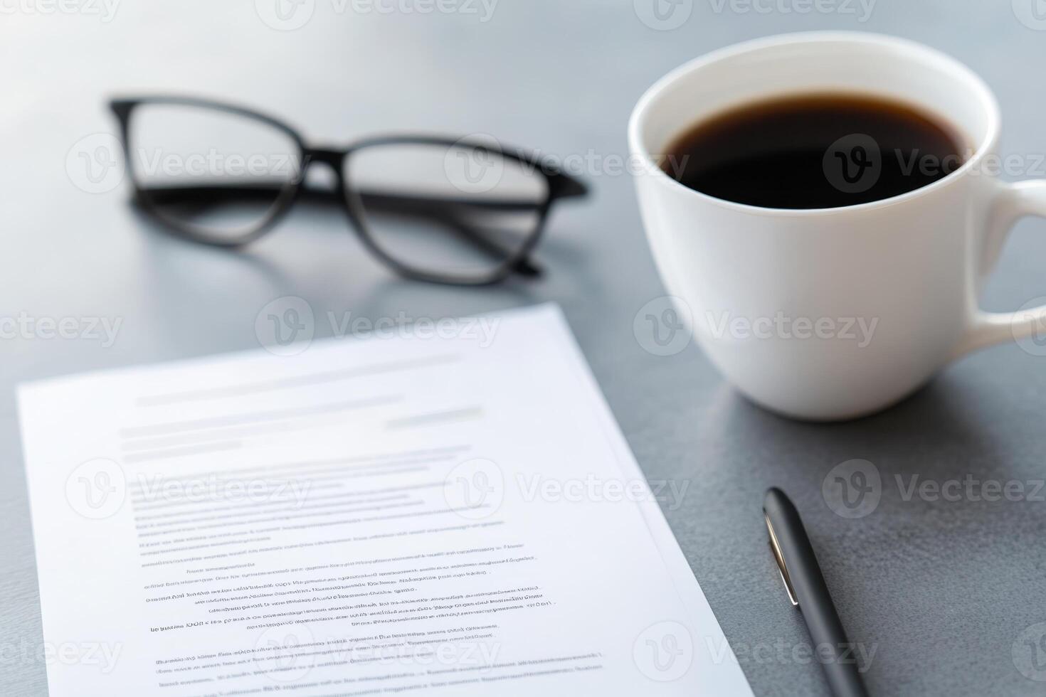 Coffee cup and glasses next to a document on a table during a morning study session photo