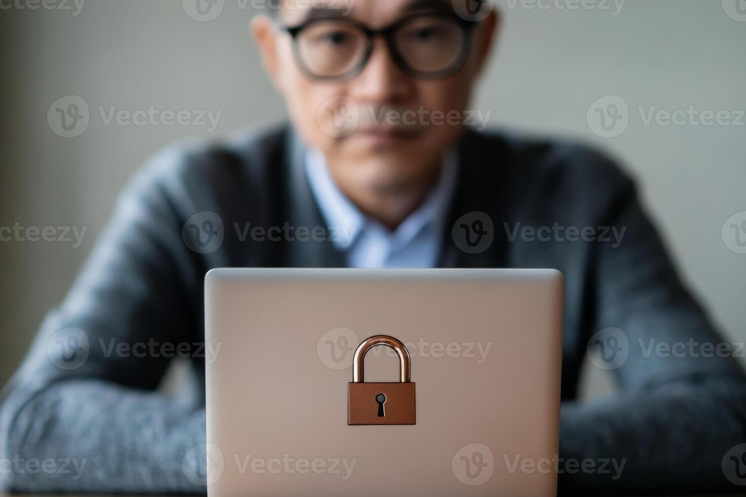 Focused individual works on laptop with padlock symbol, indicating data security concerns in a modern workspace photo