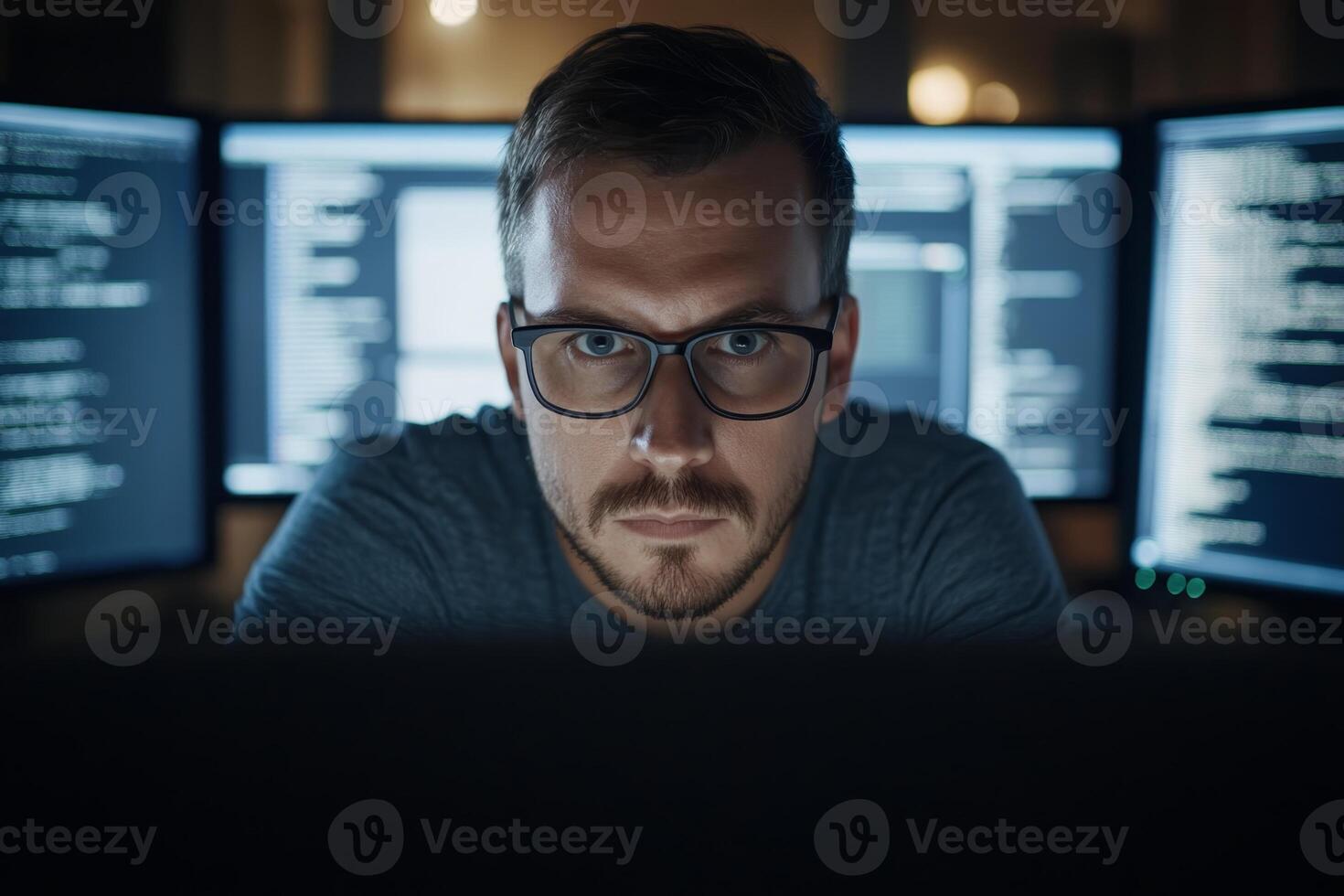 Focused programmer works late at night on complex coding projects in a dimly lit home office with multiple monitors photo