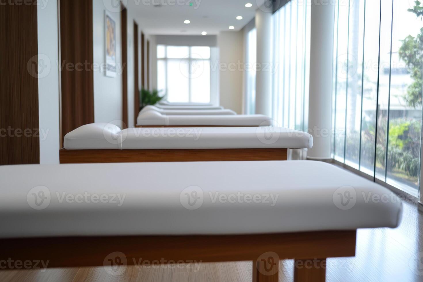 Spa therapy room featuring massage tables arranged for relaxation and wellness activities in a tranquil setting photo