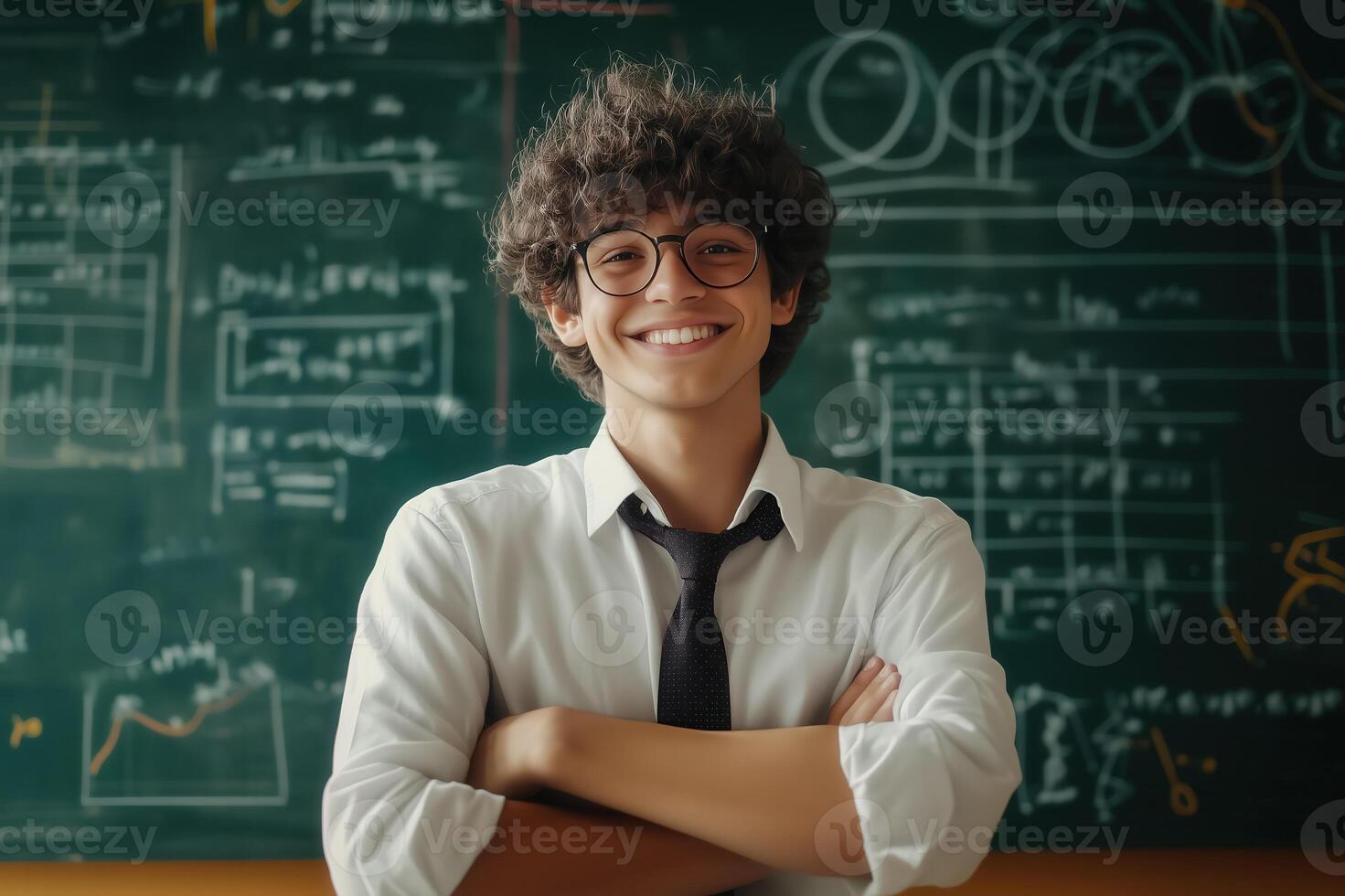 young genius in front of a board with mathematical equations photo